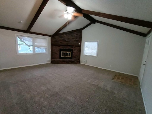6204 Fairlane Dr, Kansas City, MO 64134 - unfurnished living room with ceiling fan, carpet floors, and a fireplace