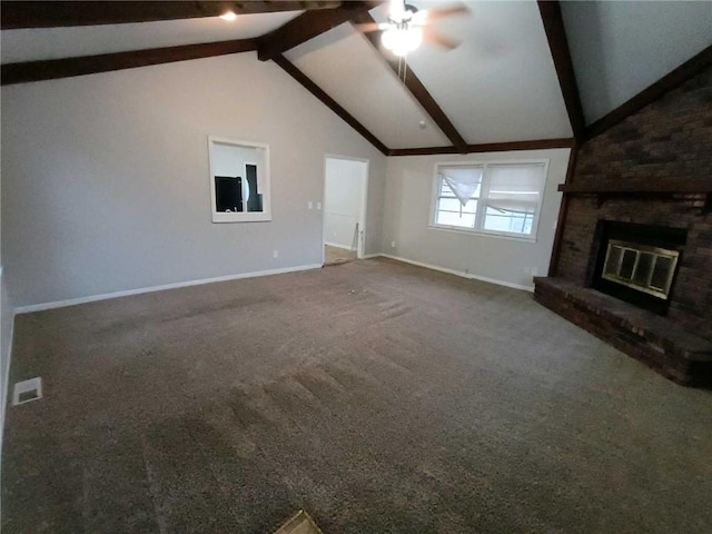6204 Fairlane Dr, Kansas City, MO 64134 - unfurnished living room with ceiling fan, a fireplace, and carpet floors