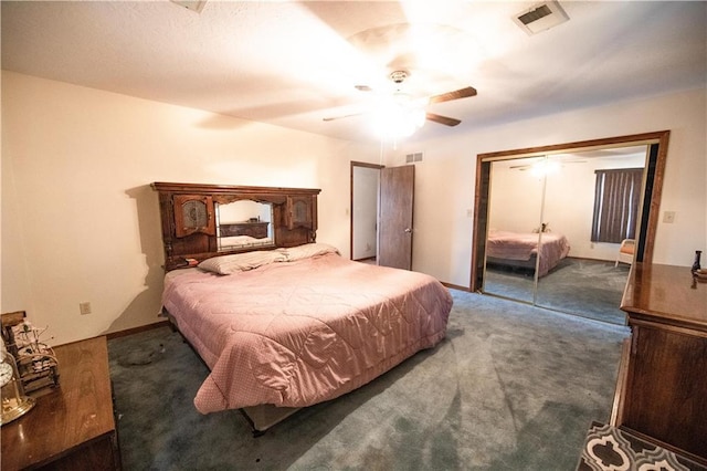 carpeted bedroom with ceiling fan