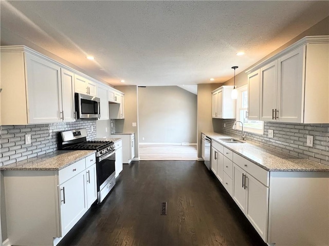 kitchen featuring white cabinets, stainless steel appliances, dark wood-type flooring, and sink