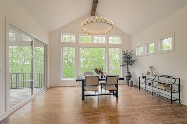 2150 NW Scenic View Dr, Riverside, MO 64150 - dining area with a chandelier, high vaulted ceiling, wood finished floors, and beamed ceiling