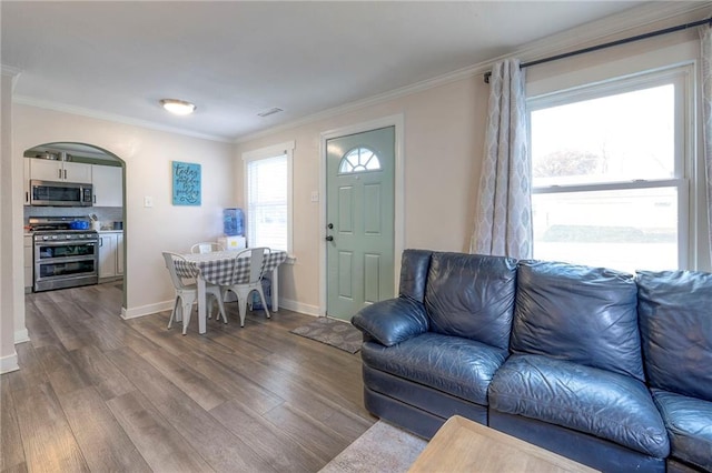 living room with hardwood / wood-style floors, ornamental molding, and a wealth of natural light