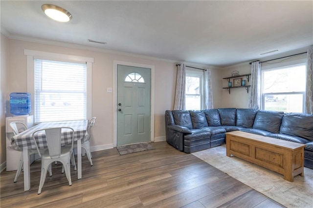 living room featuring hardwood / wood-style floors and ornamental molding