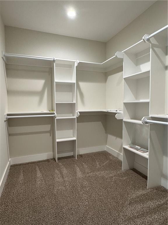 spacious closet featuring dark colored carpet