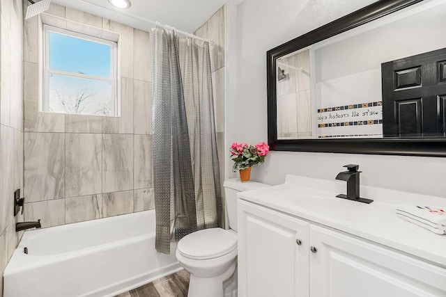 full bathroom with toilet, vanity, shower / bath combo, and hardwood / wood-style flooring