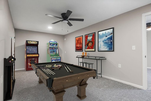 rec room with baseboards, billiards, a ceiling fan, and carpet flooring