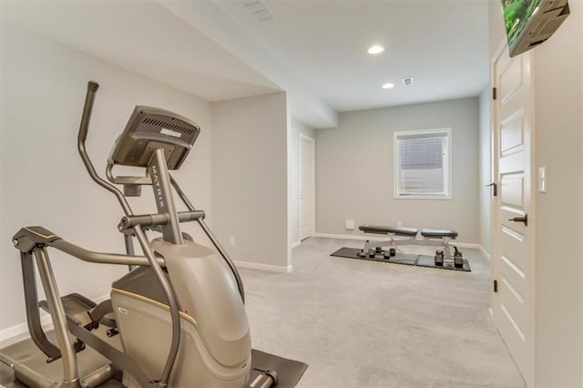 workout area with light colored carpet