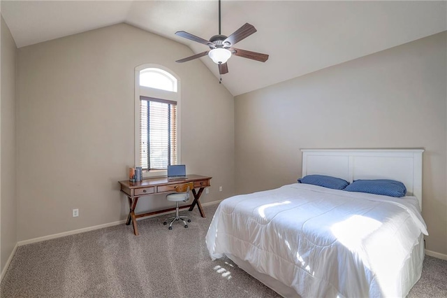 carpeted bedroom featuring vaulted ceiling and ceiling fan