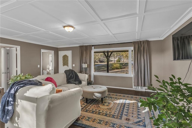 living room featuring coffered ceiling and hardwood / wood-style flooring