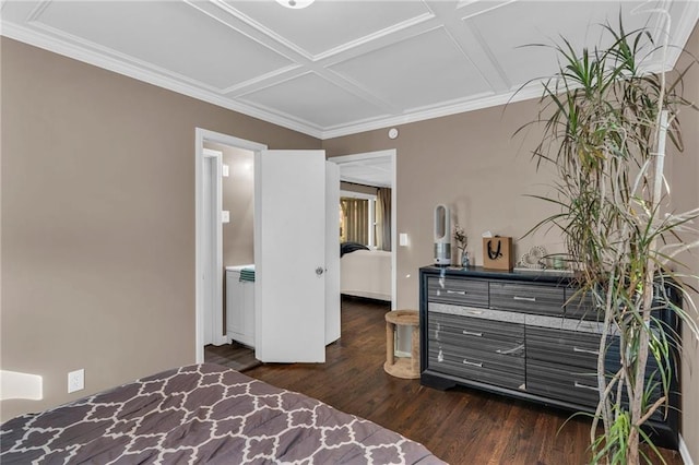 bedroom featuring dark wood-type flooring and coffered ceiling