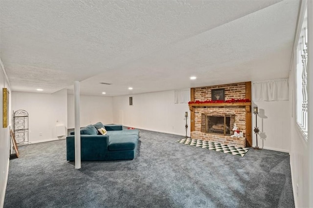 living area with carpet floors, recessed lighting, a brick fireplace, and baseboards