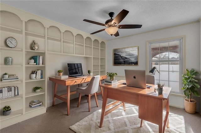 home office with ceiling fan, light colored carpet, and ornamental molding