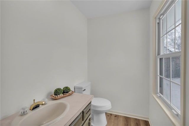 bathroom with vanity, hardwood / wood-style flooring, and toilet