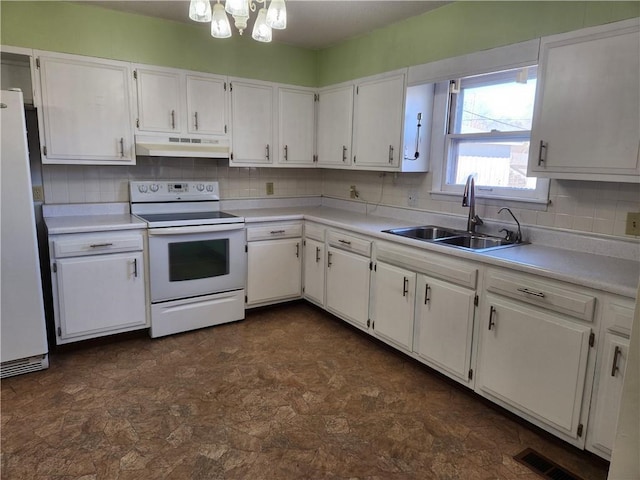 kitchen with sink, white electric range, backsplash, fridge, and white cabinets