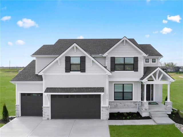 1516 NW 106th St, Kansas City, MO 64155 - modern farmhouse featuring a shingled roof, driveway, stone siding, a front yard, and a garage