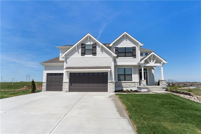 1516 NW 106th St, Kansas City, MO 64155 - craftsman-style house featuring stone siding, an attached garage, a front lawn, and concrete driveway