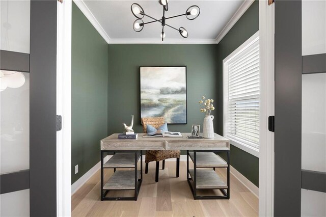 1516 NW 106th St, Kansas City, MO 64155 - office area with light wood finished floors, baseboards, ornamental molding, and an inviting chandelier