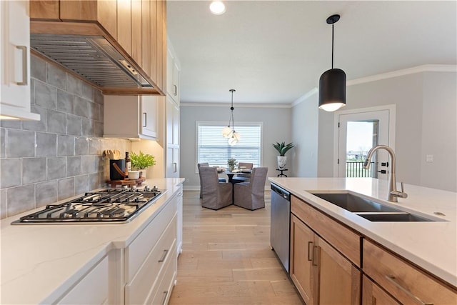 1516 NW 106th St, Kansas City, MO 64155 - kitchen with light wood finished floors, stainless steel appliances, ornamental molding, a sink, and decorative backsplash