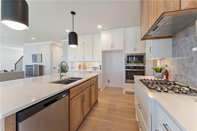 1516 NW 106th St, Kansas City, MO 64155 - kitchen featuring crown molding, a sink, decorative backsplash, stainless steel appliances, and exhaust hood
