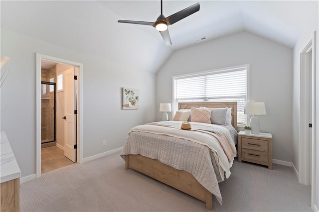 1516 NW 106th St, Kansas City, MO 64155 - bedroom with baseboards, lofted ceiling, a ceiling fan, and light colored carpet