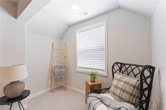 1516 NW 106th St, Kansas City, MO 64155 - sitting room featuring lofted ceiling, carpet flooring, visible vents, and baseboards