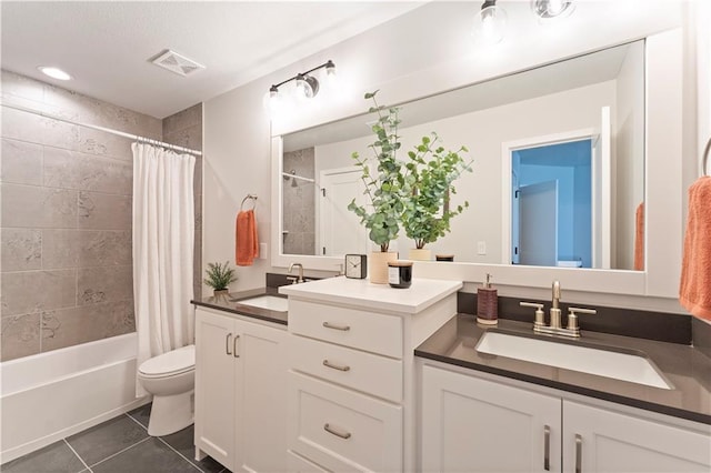 1516 NW 106th St, Kansas City, MO 64155 - full bathroom featuring tile patterned flooring, visible vents, toilet, vanity, and shower / tub combo