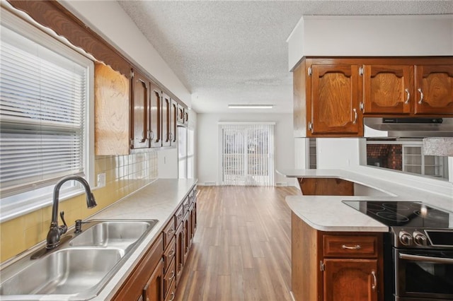 kitchen with sink, extractor fan, a textured ceiling, light hardwood / wood-style floors, and stainless steel electric range