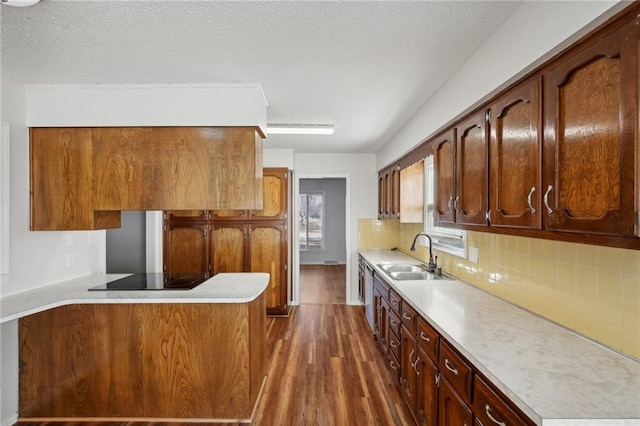 kitchen with backsplash, black electric stovetop, sink, dark hardwood / wood-style floors, and a textured ceiling