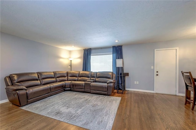 living room featuring wood-type flooring and a textured ceiling