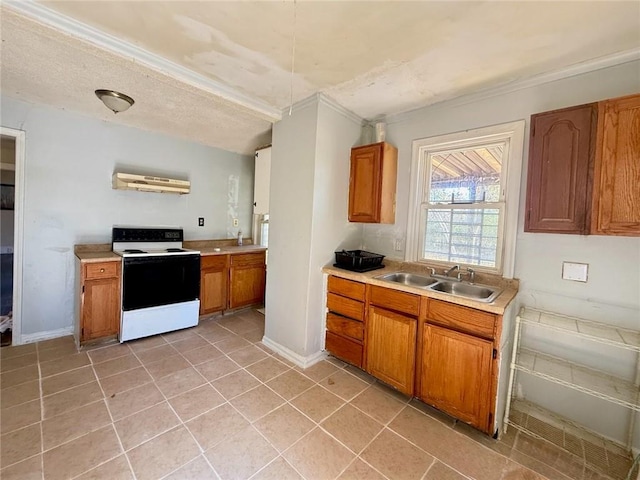 kitchen featuring exhaust hood, sink, light tile patterned floors, and white electric range oven