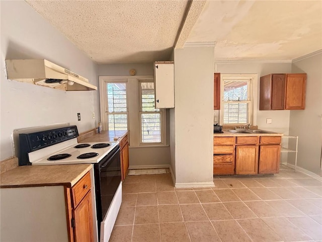 kitchen with sink, white electric range, a textured ceiling, light tile patterned floors, and exhaust hood