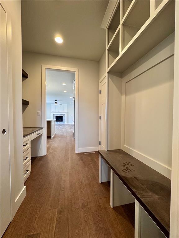 7601 NE 103rd Ter, Kansas City, MO 64157 - mudroom featuring dark wood-style flooring, recessed lighting, a ceiling fan, and baseboards