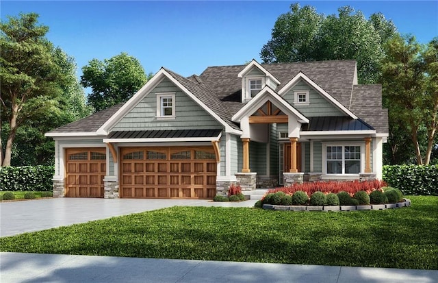 7719 NE 103rd Ter, Kansas City, MO 64157 - craftsman-style house with stone siding, a standing seam roof, a front yard, and driveway