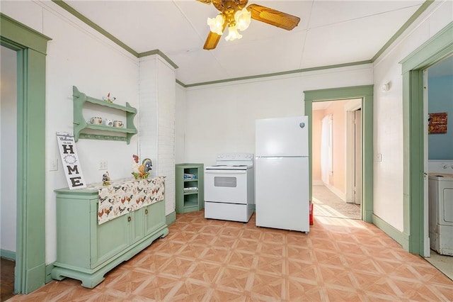 kitchen with ceiling fan, green cabinets, crown molding, light parquet floors, and white appliances