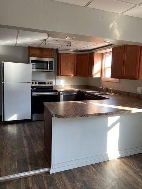 kitchen featuring dark wood-type flooring, stainless steel appliances, and sink