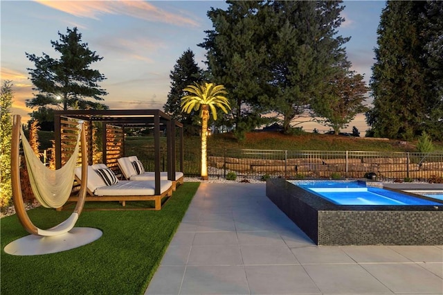 12604 W 160th St, Overland Park, KS 66062 - pool at dusk with an outdoor hot tub, a fenced backyard, and a patio