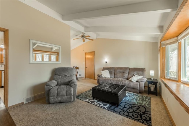 living room featuring visible vents, vaulted ceiling with beams, baseboards, ceiling fan, and carpet floors