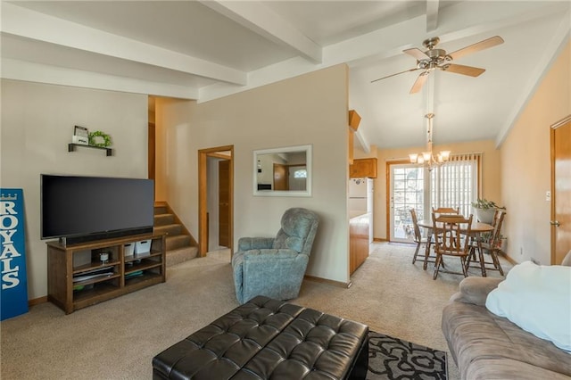 living room with baseboards, light colored carpet, vaulted ceiling with beams, and ceiling fan with notable chandelier