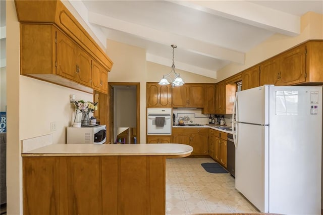 kitchen with white appliances, a peninsula, brown cabinetry, light floors, and vaulted ceiling with beams