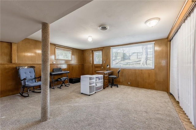 office area featuring carpet and wood walls