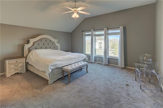 bedroom featuring ceiling fan, carpet, and vaulted ceiling