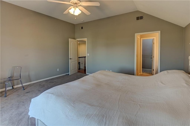 bedroom featuring ceiling fan, carpet, and lofted ceiling