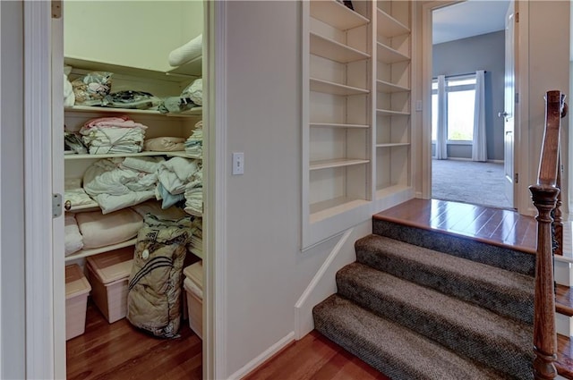 staircase with hardwood / wood-style flooring