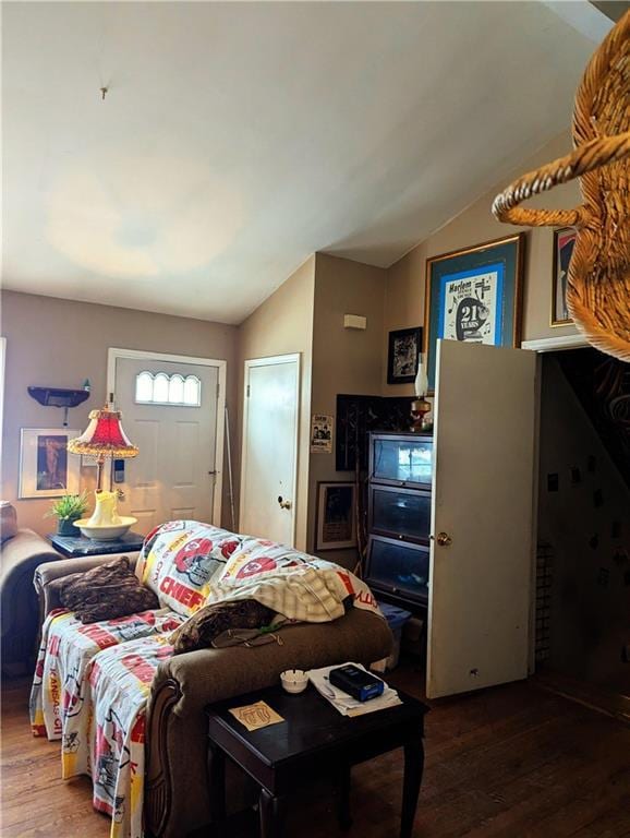 bedroom with hardwood / wood-style floors and vaulted ceiling