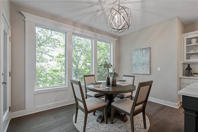 dining room featuring a chandelier, plenty of natural light, and dark wood-type flooring