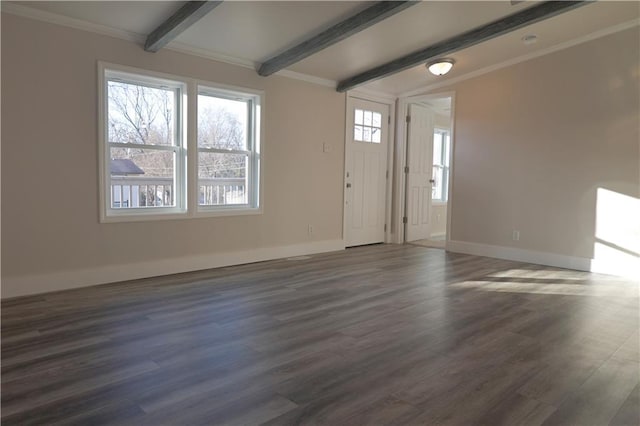 foyer featuring beamed ceiling, dark hardwood / wood-style flooring, and crown molding