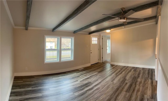 foyer entrance featuring ceiling fan, beamed ceiling, dark hardwood / wood-style floors, and ornamental molding