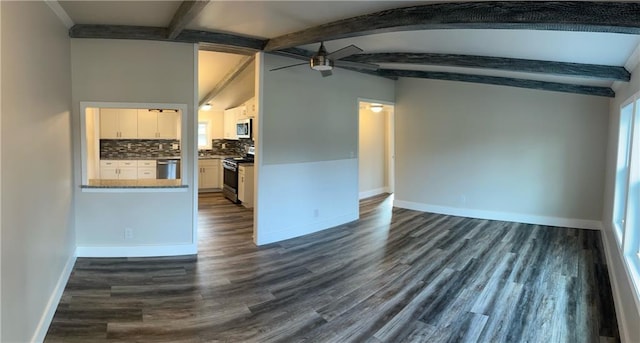 unfurnished living room featuring vaulted ceiling with beams, ceiling fan, and dark hardwood / wood-style flooring