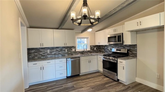 kitchen featuring white cabinetry, sink, stainless steel appliances, dark hardwood / wood-style flooring, and crown molding