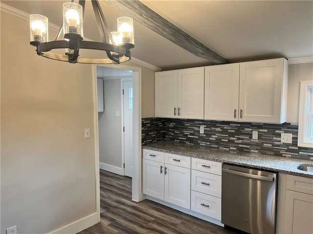 kitchen with dishwasher, white cabinetry, and dark wood-type flooring